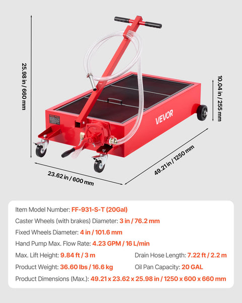 Low Profile 20 Gallon Rolling Oil Drain Pan With Manual Pump And 7.2 Foot Hose, Leak Proof And Corrosion Resistant, red steel design