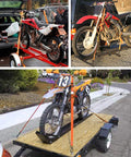 Motorcycles secured with One Inch Ratchet Tie Down Straps Set Of Four for cargo on trailers, showing heavy duty coated S hooks and cam buckles.