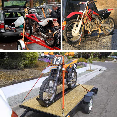 Motorcycles secured with One Inch Ratchet Tie Down Straps Set Of Four for cargo on trailers, showing heavy duty coated S hooks and cam buckles.