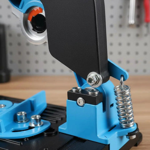 Close-up of Angle Grind Stand With Guard For Precise 45 Degree Cuts, Multi Functional Cutting Stand Base, showing clamp and spring.