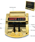 High Capacity Money Counter For Dollars With UV And IR Counterfeit Detection And External LCD Display Count Add Batch Auto Modes Cash Counter with gold-plated case and display.