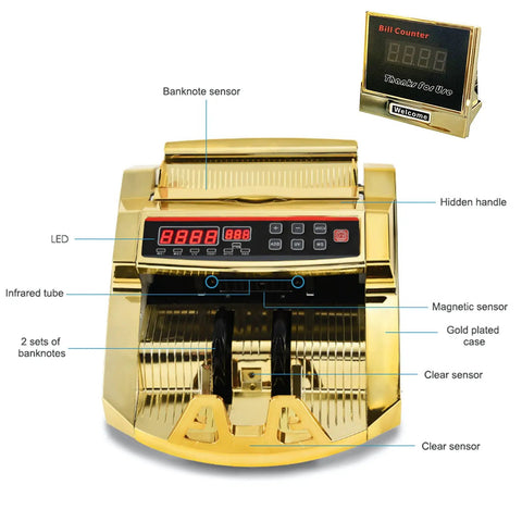 High Capacity Money Counter For Dollars With UV And IR Counterfeit Detection And External LCD Display Count Add Batch Auto Modes Cash Counter with gold-plated case and display.