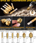6-piece 90-degree titanium countersink drill bits showing hex shank, groove, and size specifications for woodworking.