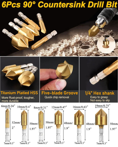 6-piece 90-degree titanium countersink drill bits showing hex shank, groove, and size specifications for woodworking.