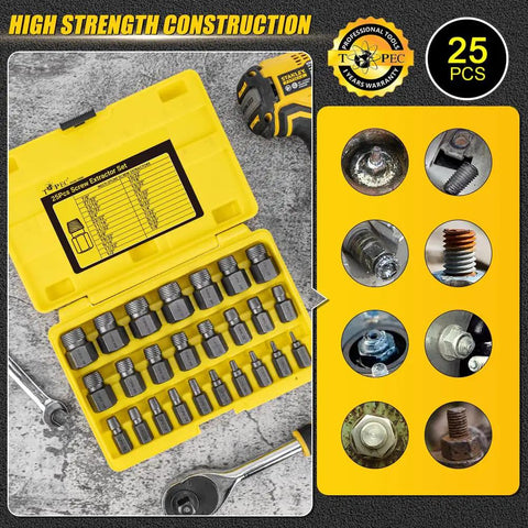 25 Piece Screw Extractor Set With Hex Head Multi-Spline Easy Out Bolt Remover In Premium CR-MO Steel, yellow case with tools