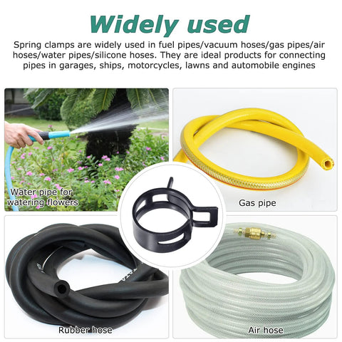 Spring hose clamp set, 300 pcs (5–18mm) with pliers; shows gas hose, water hose, air hose and rubber hose.