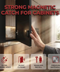 Heavy Duty 30 Lbs Stainless Steel Magnetic Door Latch With Super Strong Holding Power For Smooth Cabinet Drawer Catch And Seamless Black Closet Closure Without Jamming, shown in use on cabinet.
