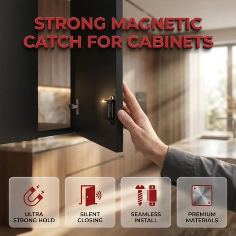 Heavy Duty 30 Lbs Stainless Steel Magnetic Door Latch With Super Strong Holding Power For Smooth Cabinet Drawer Catch And Seamless Black Closet Closure Without Jamming, shown in use on cabinet.