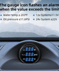 Front view of ARTILAURA blue-backlit digital triple gauge (oil pressure, water temp, voltmeter) in car dashboard.