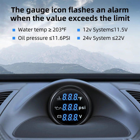 Front view of ARTILAURA blue-backlit digital triple gauge (oil pressure, water temp, voltmeter) in car dashboard.