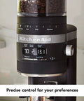 Smart Dosing Burr Coffee Grinder KCG8433 Black Matte with 70 grind settings, displayed close-up on kitchen counter