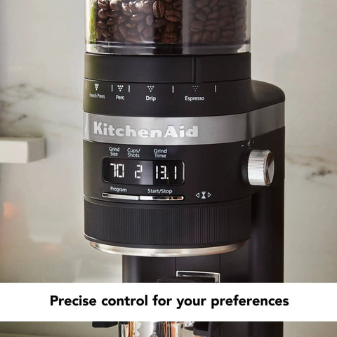 Smart Dosing Burr Coffee Grinder KCG8433 Black Matte with 70 grind settings, displayed close-up on kitchen counter
