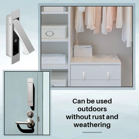 2 Pack Pocket Door Pull Handles 3.54 Inch Stainless Steel Satin Finish shown on closets, cabinets, durable and rust resistant.
