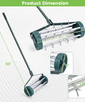 17 Inch Heavy Duty Rolling Lawn Aerator with sharp spikes and anti slip handle dimensions shown on white textured background