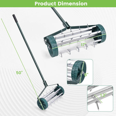 17 Inch Heavy Duty Rolling Lawn Aerator with sharp spikes and anti slip handle dimensions shown on white textured background