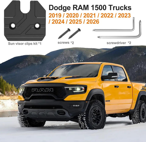 Aluminum Black Sun Visor Clip Repair Kit For Ram 1500 Trucks 2019 Through 2026 displayed with tools and truck in snowy background