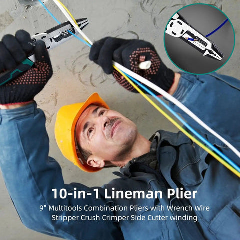 Electrician using 10 In 1 Wire Stripper Tool For Electrical Cables Heavy Duty Multi Tool Pliers Built Tough In CRV Steel