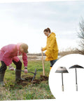 Two Pack Steel Hand Hoe Set For Weeding And Gardening shown with people using hoes in a garden for soil and weeds.