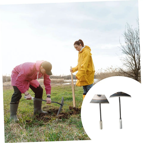 Two Pack Steel Hand Hoe Set For Weeding And Gardening shown with people using hoes in a garden for soil and weeds.