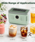 Sleek Countertop Ice Maker With Zero Sweat One Touch Operation And Smooth Self Cleaning Design Blazing Fast Cube Production For Weekend Hangouts Home Bars Or Office Chill Areas Ultra Compact with ice cubes and drinks.