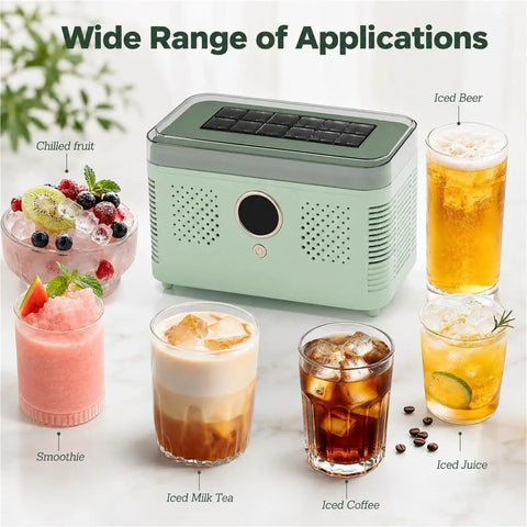 Sleek Countertop Ice Maker With Zero Sweat One Touch Operation And Smooth Self Cleaning Design Blazing Fast Cube Production For Weekend Hangouts Home Bars Or Office Chill Areas Ultra Compact with ice cubes and drinks.