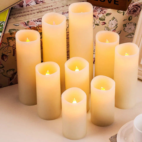 Flameless Wax Pillar Candles Set With Remote And 24 Hour Timer Battery Operated LED Candles Ivory 9 Pack In Heights 4 To 9 Inches