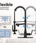 RUMOSE Matte Black Commercial Kitchen Faucets with Pull Down Sprayer showcasing a 360° swivel design and long-extension hose.