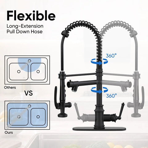 RUMOSE Matte Black Commercial Kitchen Faucets with Pull Down Sprayer showcasing a 360° swivel design and long-extension hose.