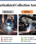 Articulated Collection Arm image showing before and after use of Slick Handling Fume Extraction Arm With Dust Capture Hood And Duct Hose Hardware Kit For Shop Smoke Extraction Black Two Inch Diameter Five Foot Reach Nailed It Routing Smooth Airflow.