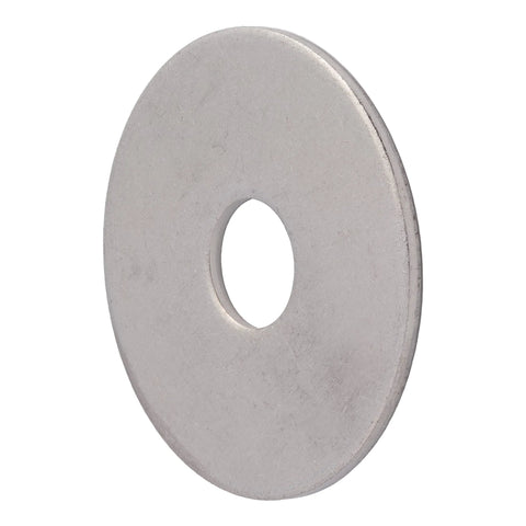 Front view of a single stainless steel fender washer with 3/8 in hole and 1-1/4 in OD.