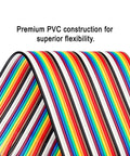 Close-up of Colorful Breadboard Jumper Wires Kit showing flexible, rainbow-striped PVC construction for Arduino projects.