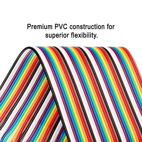 Close-up of Colorful Breadboard Jumper Wires Kit showing flexible, rainbow-striped PVC construction for Arduino projects.