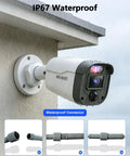 90ft Night Vision 5MP Outdoor Wired Security Camera System With DVR Recorder mounted on a wall showing motion LEDs.