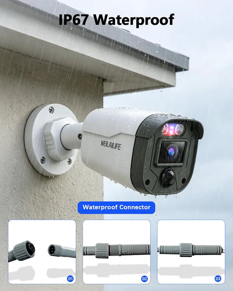 90ft Night Vision 5MP Outdoor Wired Security Camera System With DVR Recorder mounted on a wall showing motion LEDs.