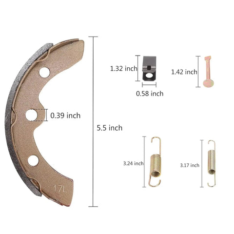 Heavy Duty Golf Cart Brake Shoes Kit For Club Car DS And Precedent Featuring Top Shelf Grip For Easy Install With Zero Stress To Keep You Cruising Smooth All Day Long, showing dimensions and components.