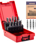 Heavy Duty Quarter Inch Shank Tungsten Carbide Burr Bits And Screw Extractor Workhorse Kit in red case with ten burrs and four extractors.
