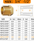 Brass NPT reducer adapter, 3/4in male to 1/2in female, hex pipe fitting, 2-pack (front view diagram)