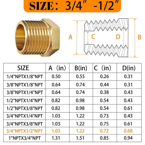 Brass NPT reducer adapter, 3/4in male to 1/2in female, hex pipe fitting, 2-pack (front view diagram)