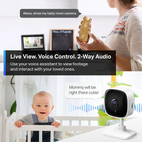 2K Indoor Security Camera For Baby And Pet Monitor With Motion Detection, 2 Way Audio, Siren, Night Vision next to a baby in a crib