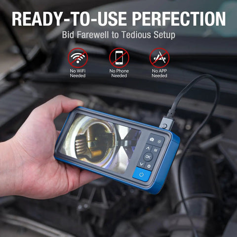 Dual Lens Endoscope With Light For Auto And Home Inspections, Borescope Camera With Flexible Cable, Handy Internal View For Cylinders, Pipes, And Wall Voids. handheld 4.5-inch screen inspecting engine parts