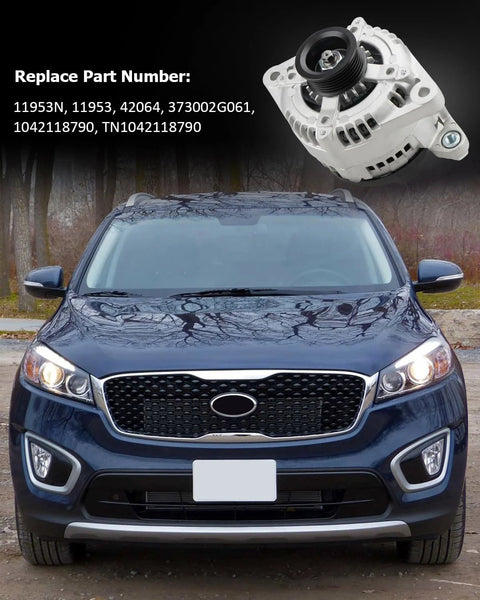 Beefed-Up 150 Amp Alternator Replacement For Santa Fe Sport 2.4L 2017-2018, Sonata 2.4L 2015-2019, Optima 2.4L 2016-2020, Sorento 2.4L 2015-2020 Direct Fit Replaces OEM 37300-2G061 104211-8790 shown with a car.
