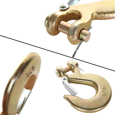 Close-up of 4Pack 3/8 Inch Clevis Slip Hooks With Latch, Heavy Duty Forged Steel Safety Hooks For G70 Tow Chains Wrecker Truck
