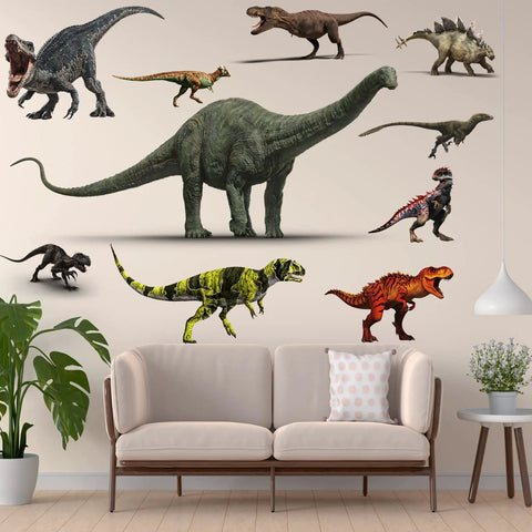 Large Size Dinosaur Wall Decals Vinyl Self Adhesive Kit for bedrooms and living rooms, 15.7 x 31.5 inches, colorful dinos above sofa