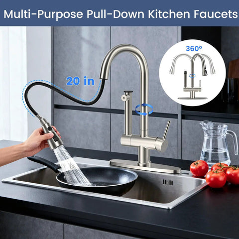 Premium Brushed Nickel Pull Down Kitchen Faucet With Built In Water Filter and Activated Carbon Ultrafiltration Spray Head in action.