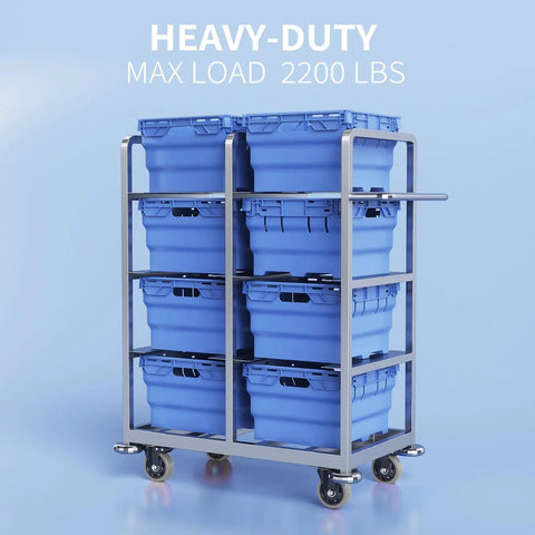 Heavy-duty cart with blue crates on Beefy Built Tough 5 Inch Caster Wheels With Brakes For Cart Furniture Cabinets Swivel Top
