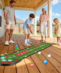 Family playing on the Upgraded Indoor Golf Putting Mat Set With LED Balls And Glow Cups on a wooden deck.
