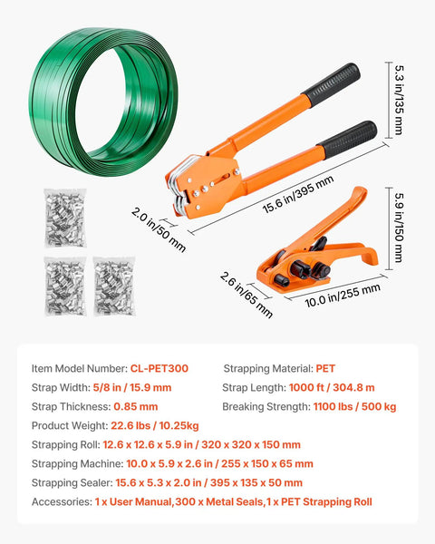 Beefy Heavy Duty Banding Strapping Kit With Manual Sealer, Extended Handle, 1000 Ft PET Band, 300 Metal Seals Five Eighth Inch Wide Strapping, Pallet Packaging Tool For Warehouse Shipping Moving And Home Use Orange: PET roll, sealer, seals