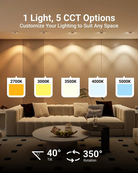 5 To 6 Inch LED Can Recessed Light Retrofit Kit With Gimbal Downlight 800 Lumen Output displaying selectable CCT options