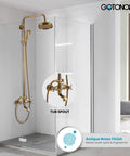 Antique Brass 8 Inch Round Rain Shower Head Kit With Tub Spout And Wall Mount Three Function Metal Handheld Sprayer in bathroom