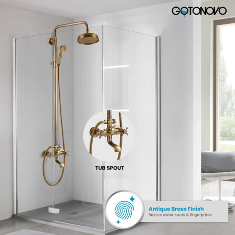 Antique Brass 8 Inch Round Rain Shower Head Kit With Tub Spout And Wall Mount Three Function Metal Handheld Sprayer in bathroom